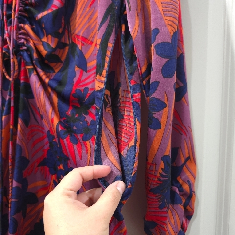 ZARA Vibrant Floral Long Sleeve Mini Dress, Ruched Sleeves, Tie Vneck Front, M - Picture 6 of 15